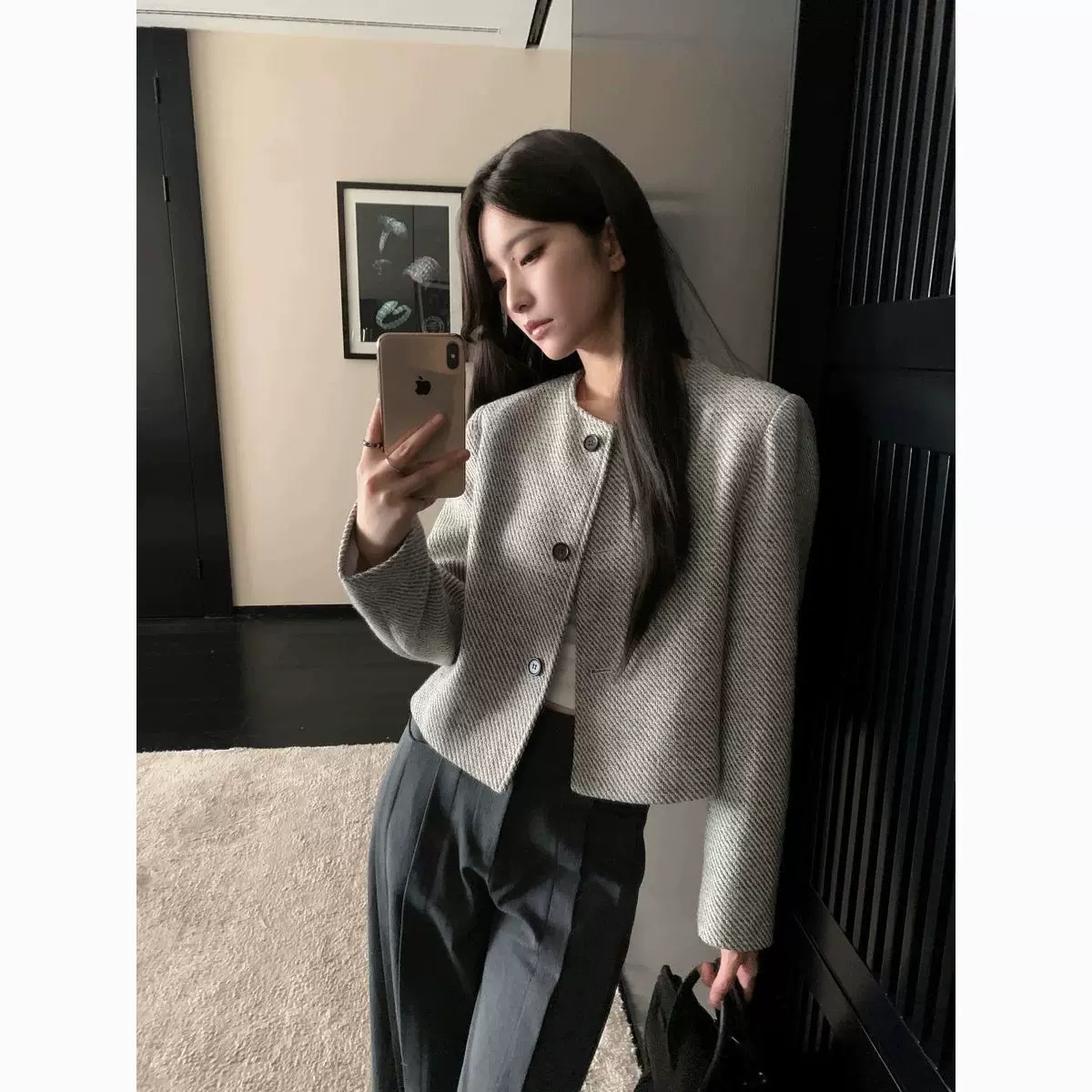 Women's Short Tweed Jacket Round Neck Long Sleeve Coat