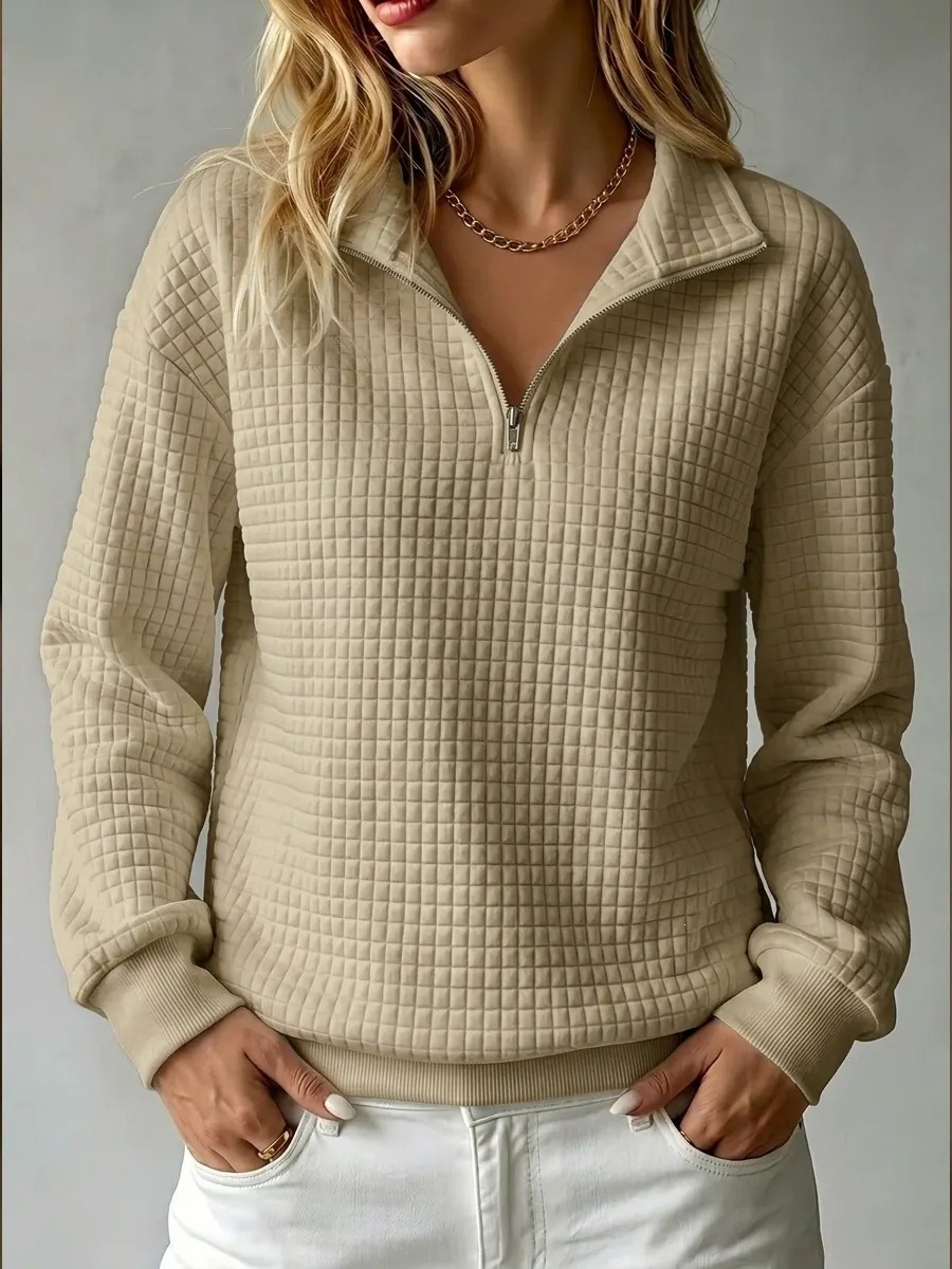Women's Stand Collar Zip Long Sleeve Waffle Knit Patchwork Sweatshirt