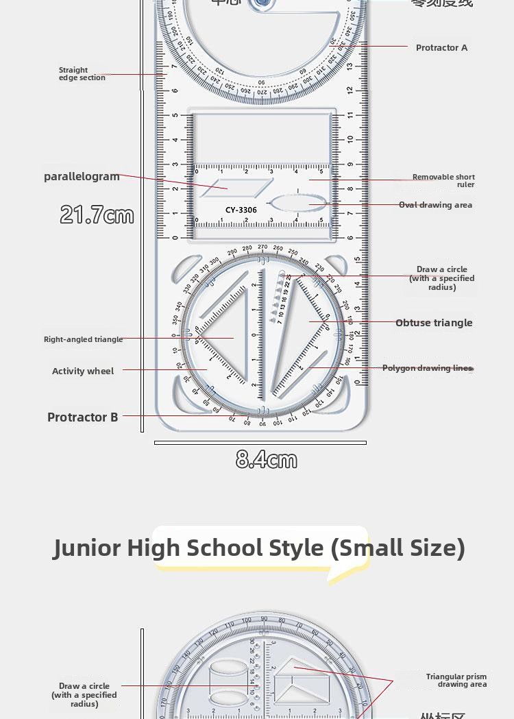 Multifunctional Movable Angle Geometric Drawing Ruler Soft Plastic Math Set for Students