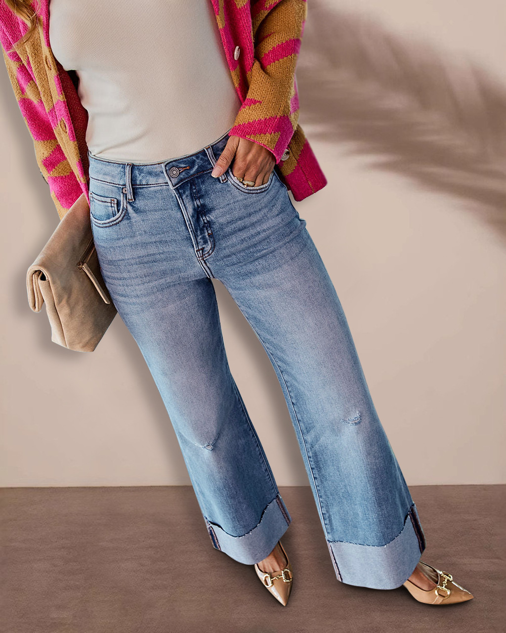 Women's High-Waisted Wide-Leg Washed Denim Jeans with Ripped Details