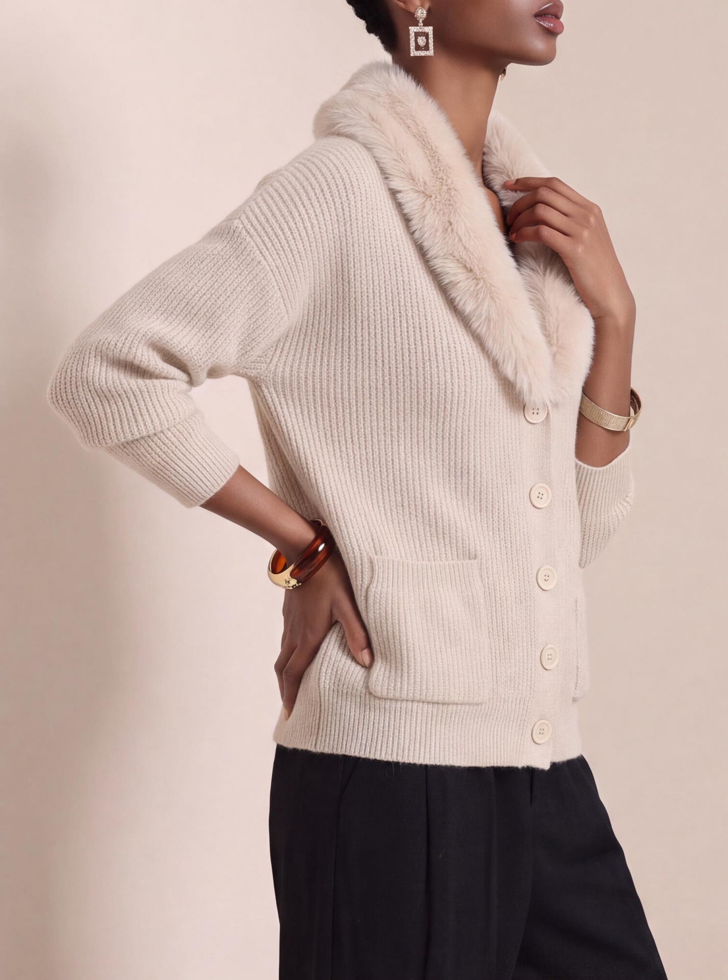 Women's Solid Knit Cardigan with Fur Collar Long Sleeve