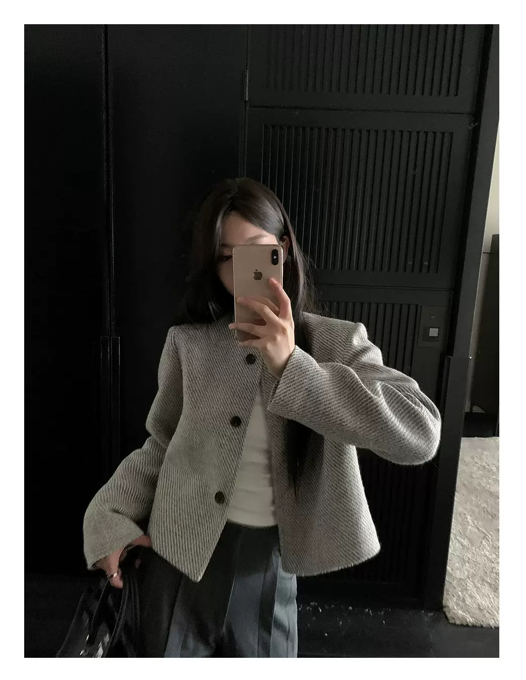 Women's Short Tweed Jacket Round Neck Long Sleeve Coat