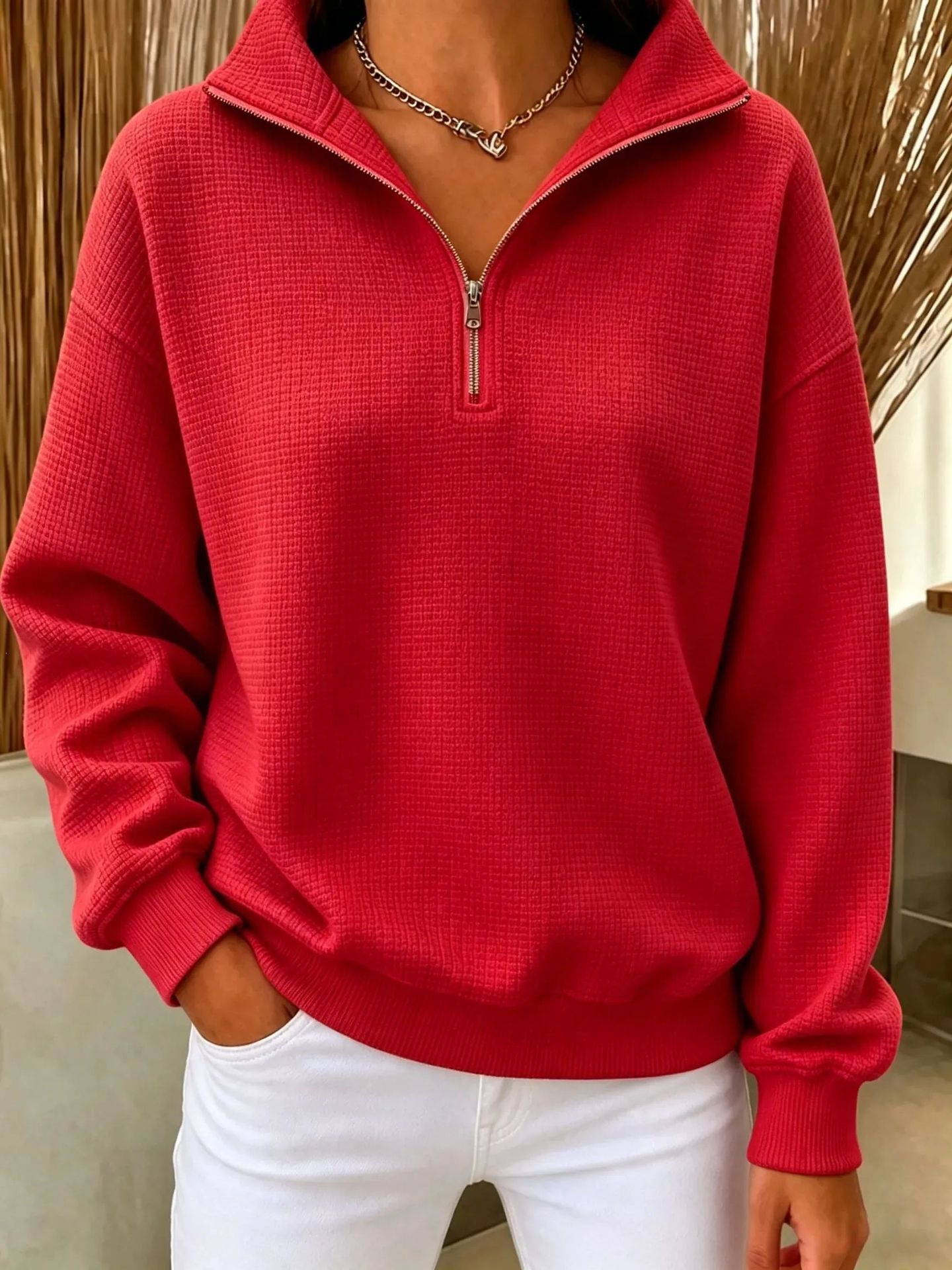 Women's Stand Collar Zip Long Sleeve Waffle Knit Patchwork Sweatshirt