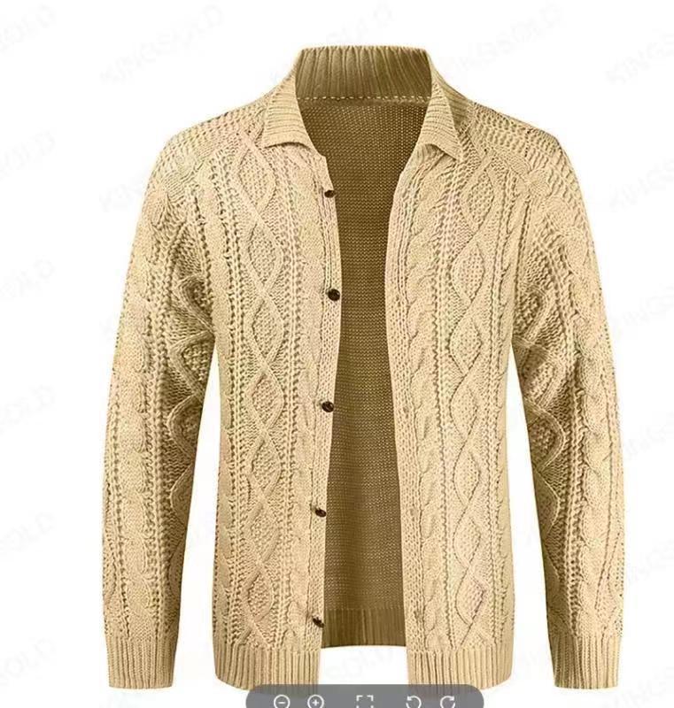 Men's Stand Collar Cable Knit Cardigan Long Sleeve Heavy-Duty Sweater