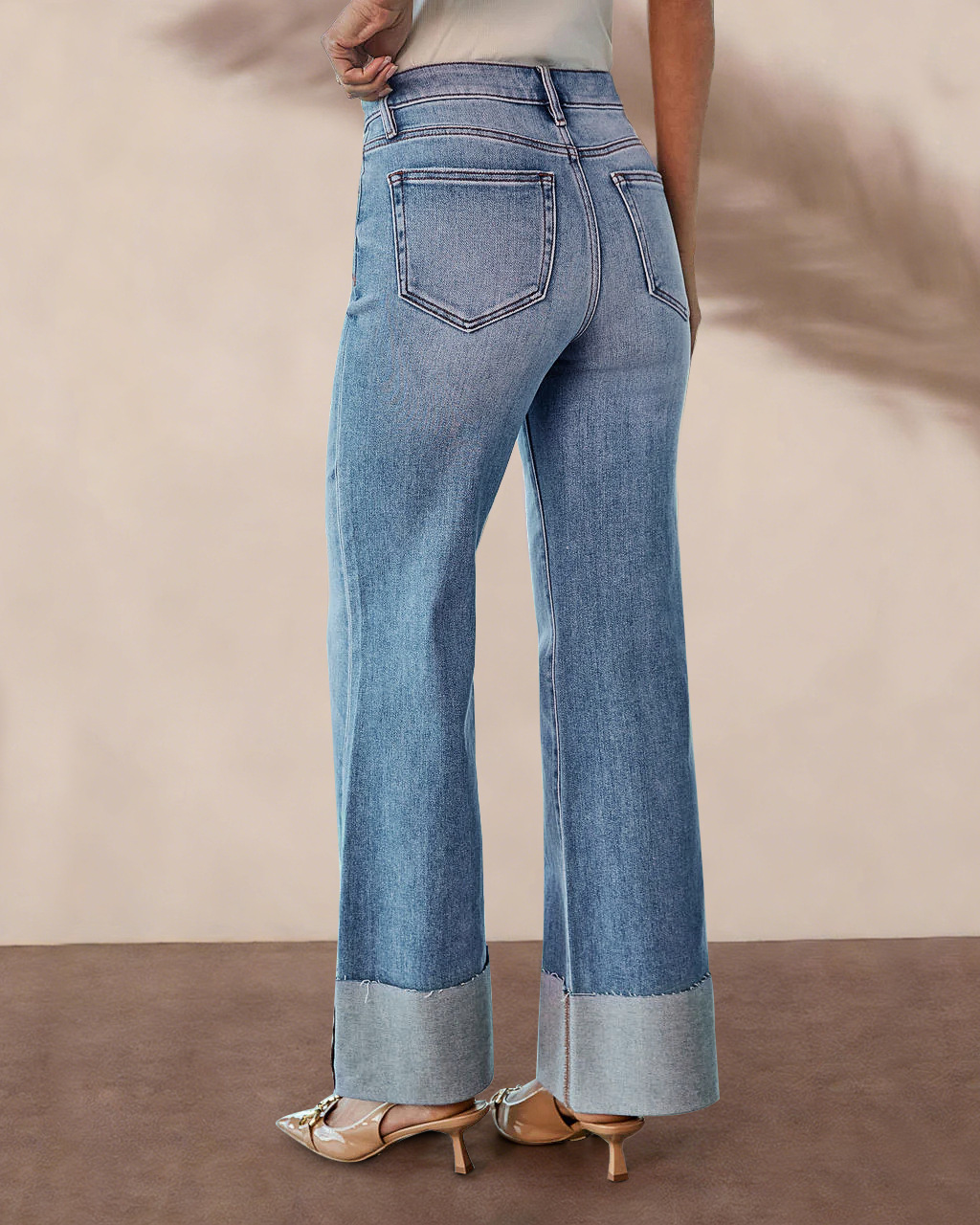 Women's High-Waisted Wide-Leg Washed Denim Jeans with Ripped Details