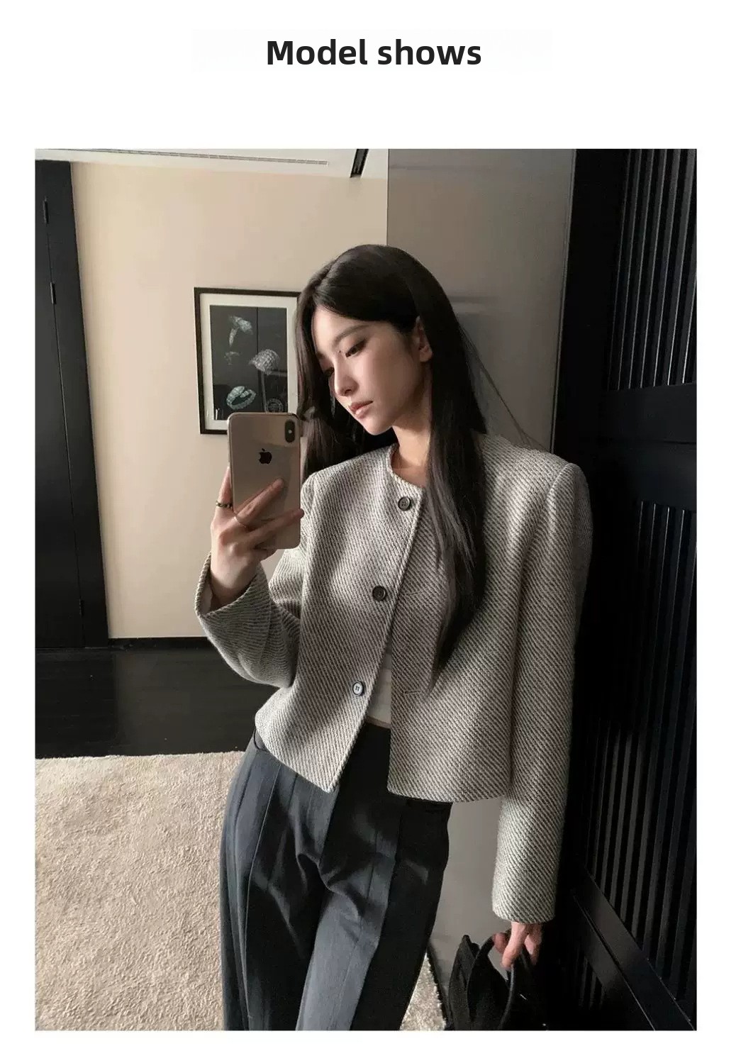 Women's Short Tweed Jacket Round Neck Long Sleeve Coat
