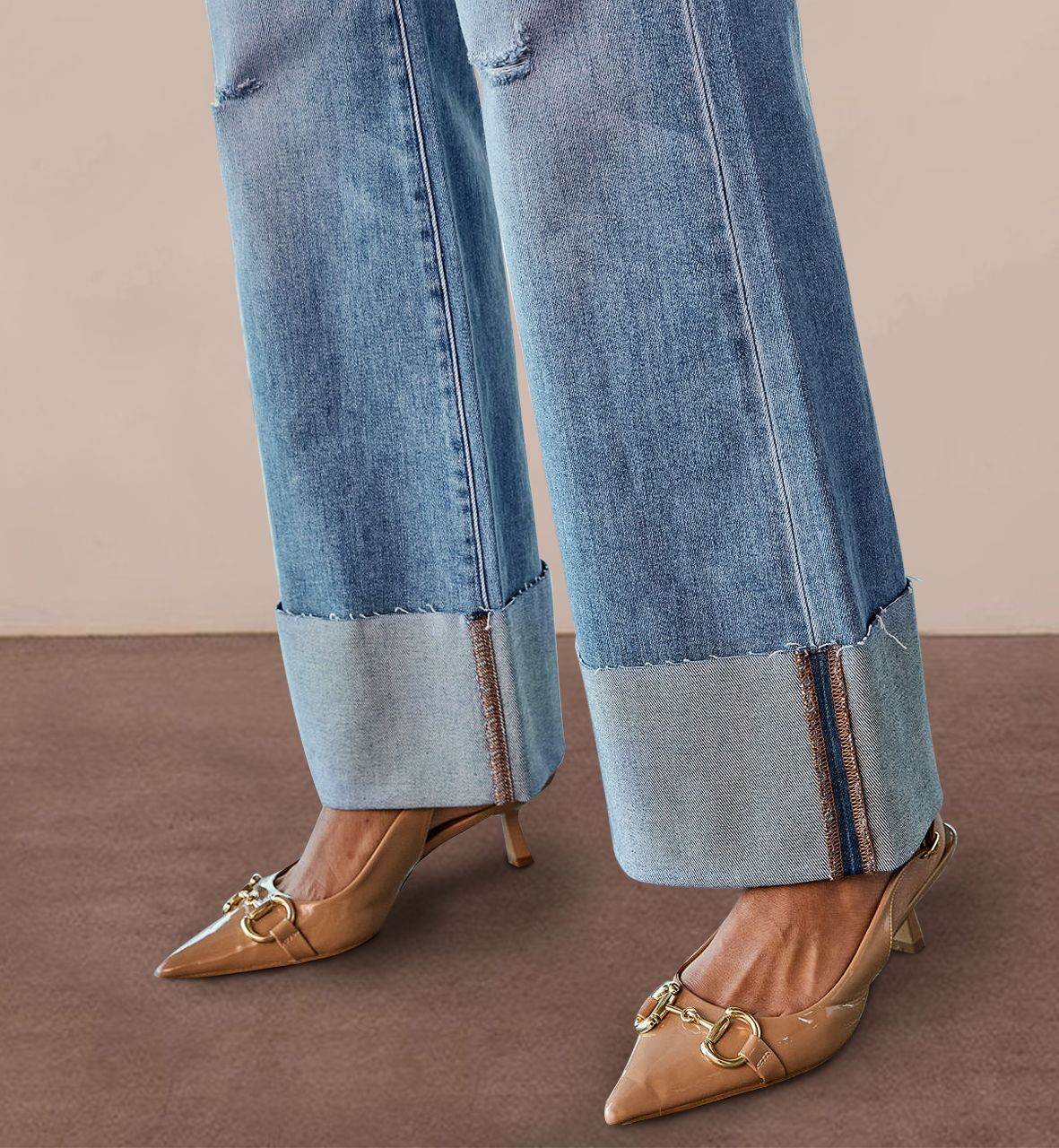 Women's High-Waisted Wide-Leg Washed Denim Jeans with Ripped Details