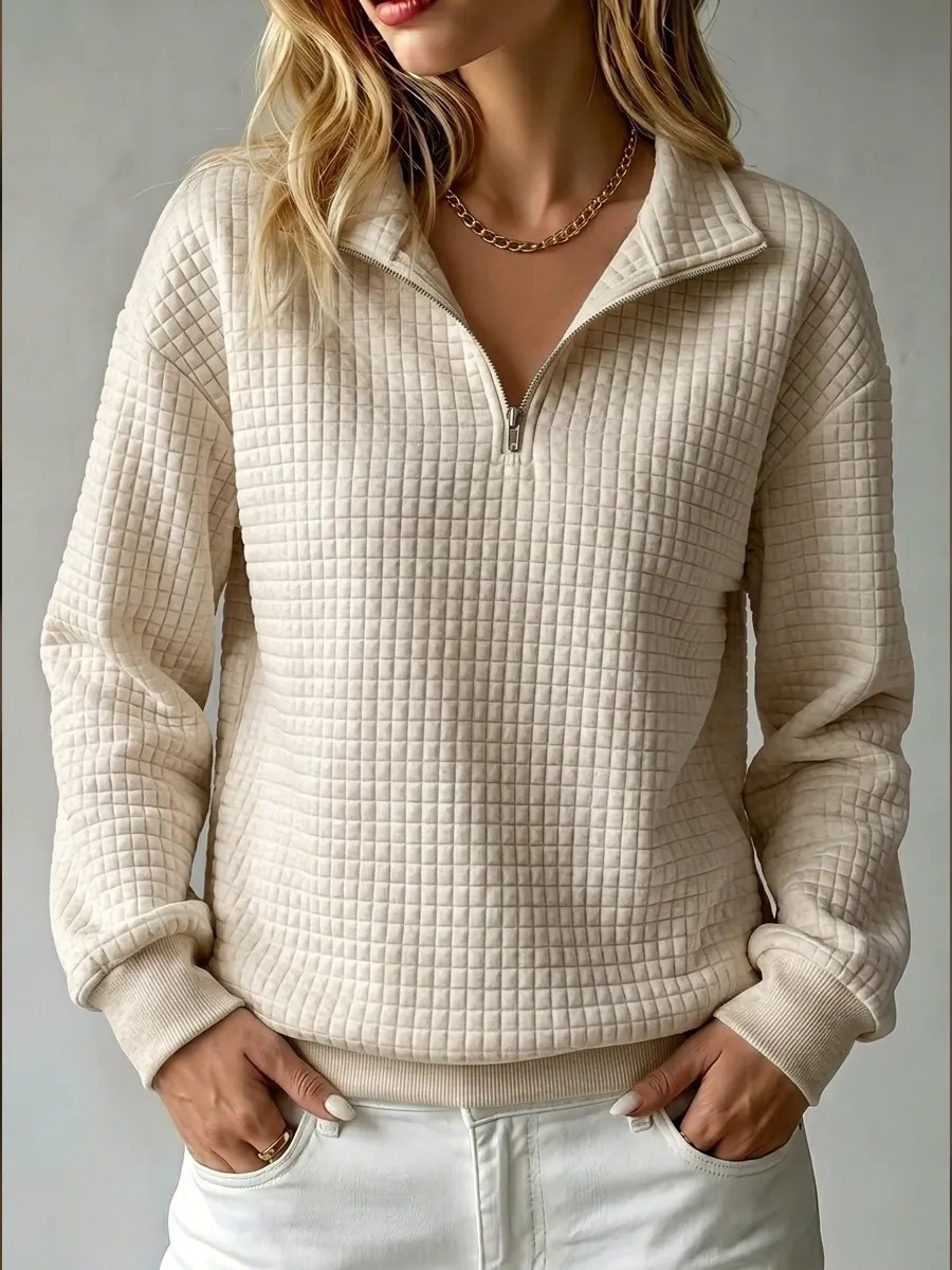 Women's Stand Collar Zip Long Sleeve Waffle Knit Patchwork Sweatshirt