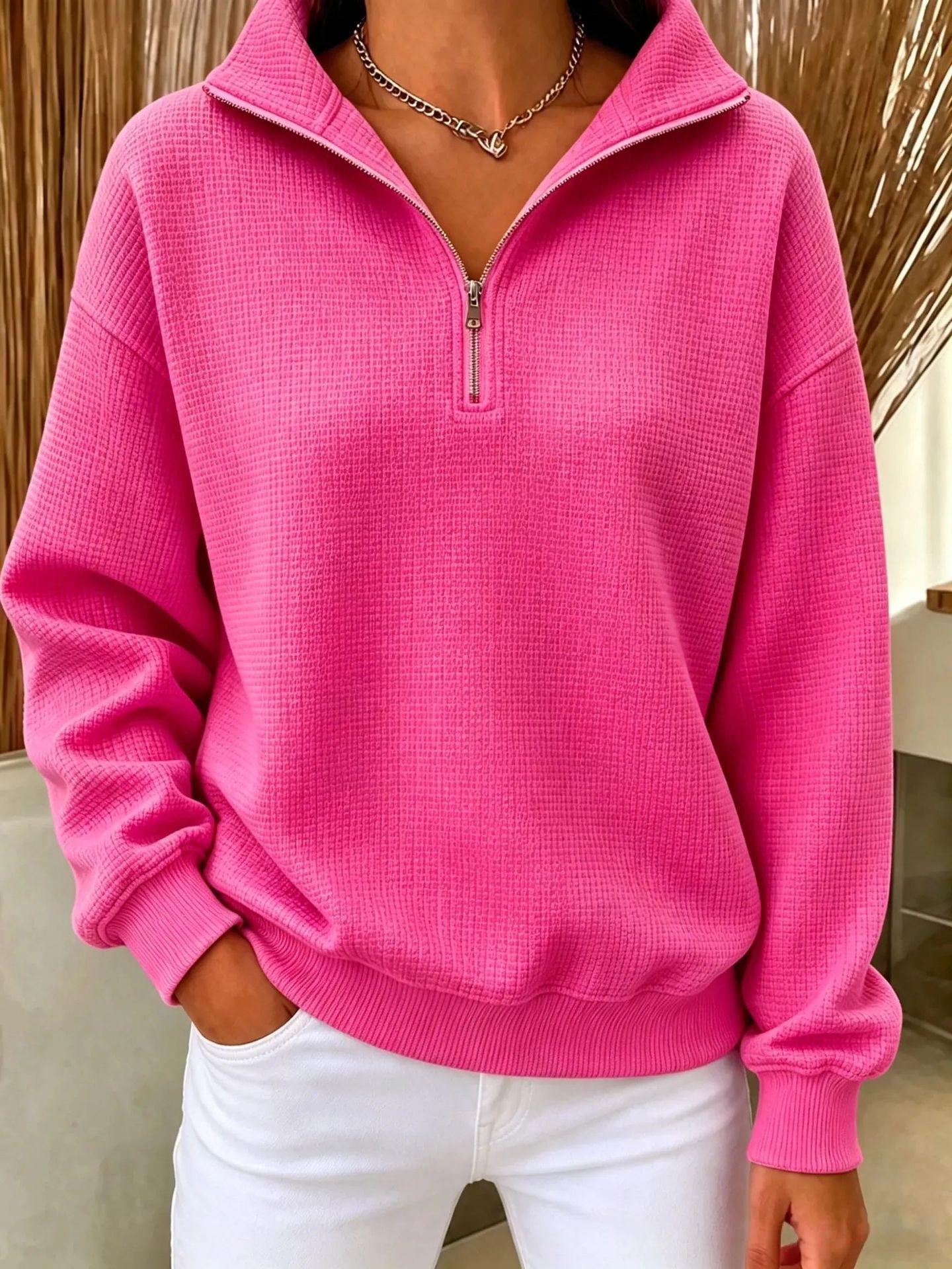 Women's Stand Collar Zip Long Sleeve Waffle Knit Patchwork Sweatshirt