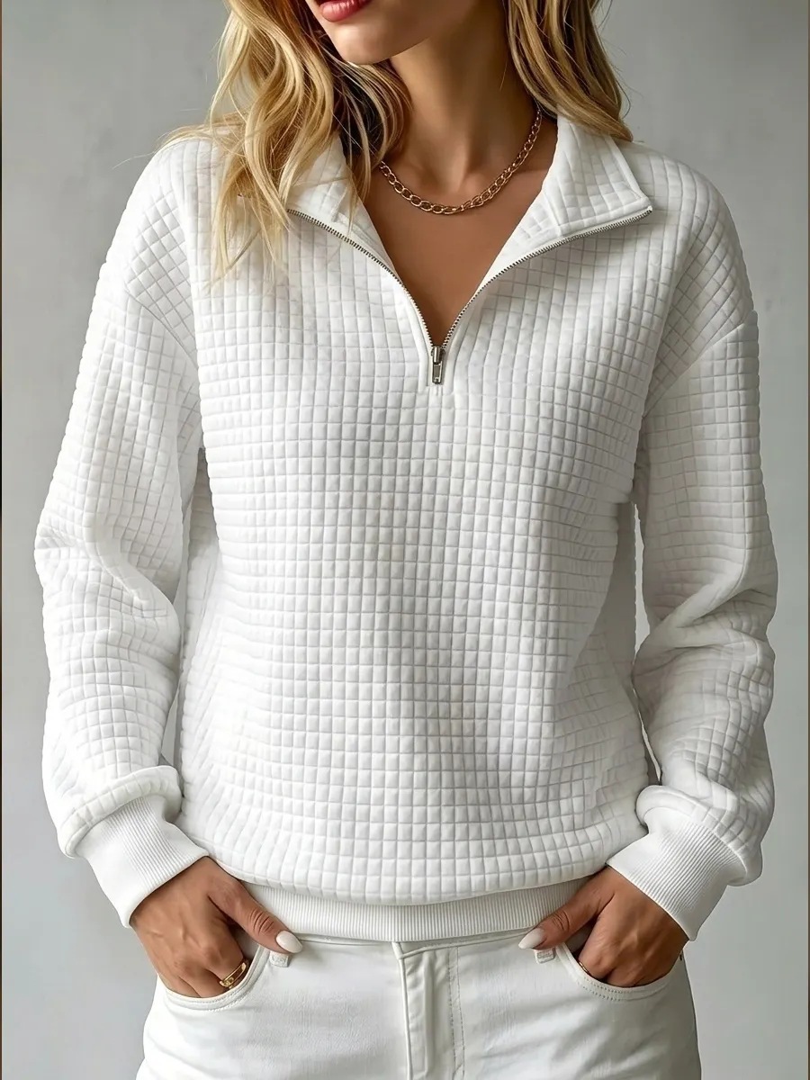Women's Stand Collar Zip Long Sleeve Waffle Knit Patchwork Sweatshirt