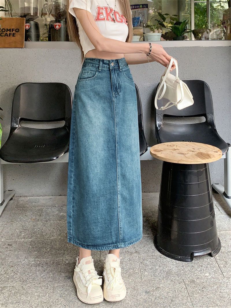 Retro wash long denim jean skirt, photo 6