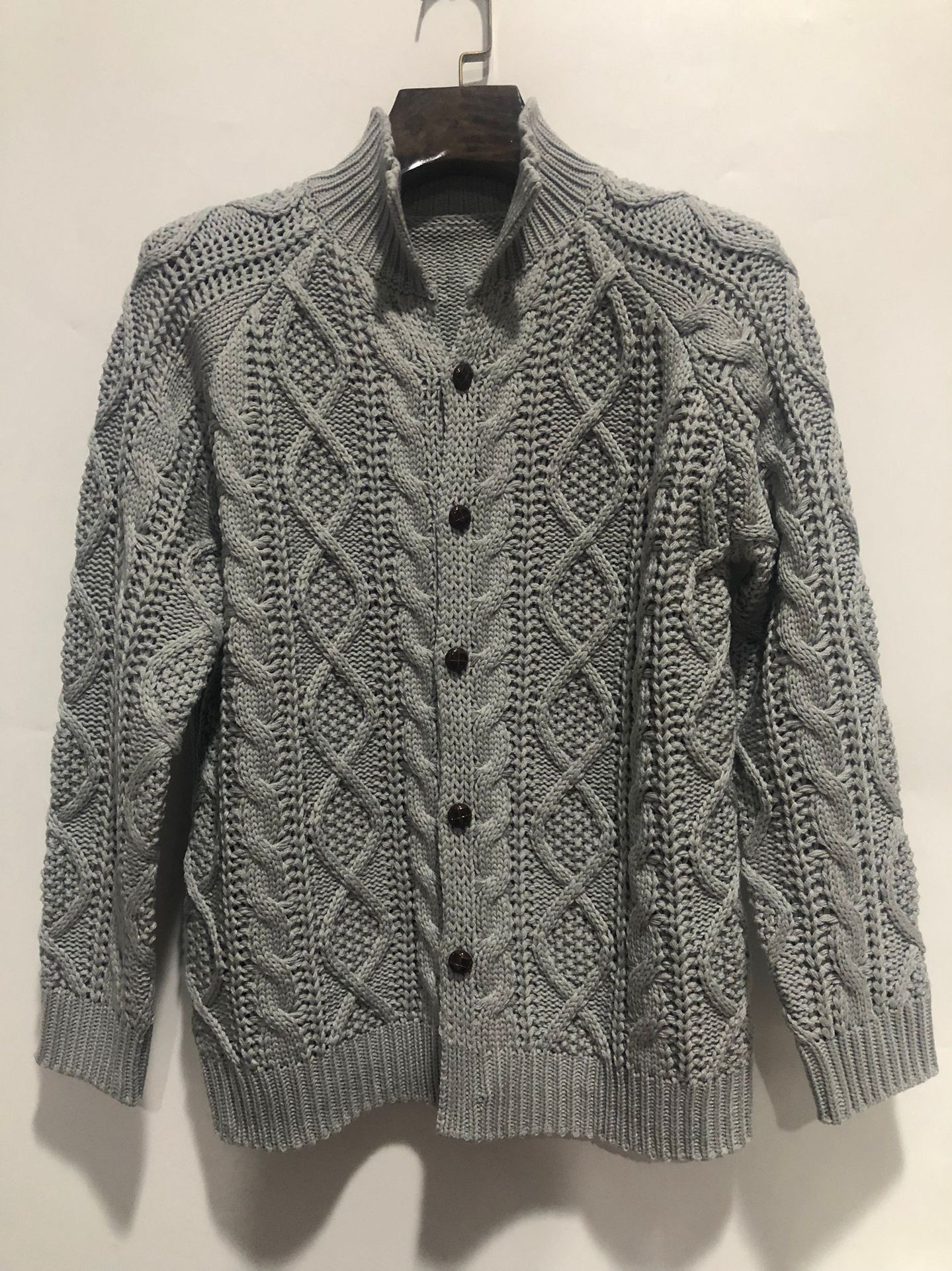Men's Stand Collar Cable Knit Cardigan Long Sleeve Heavy-Duty Sweater