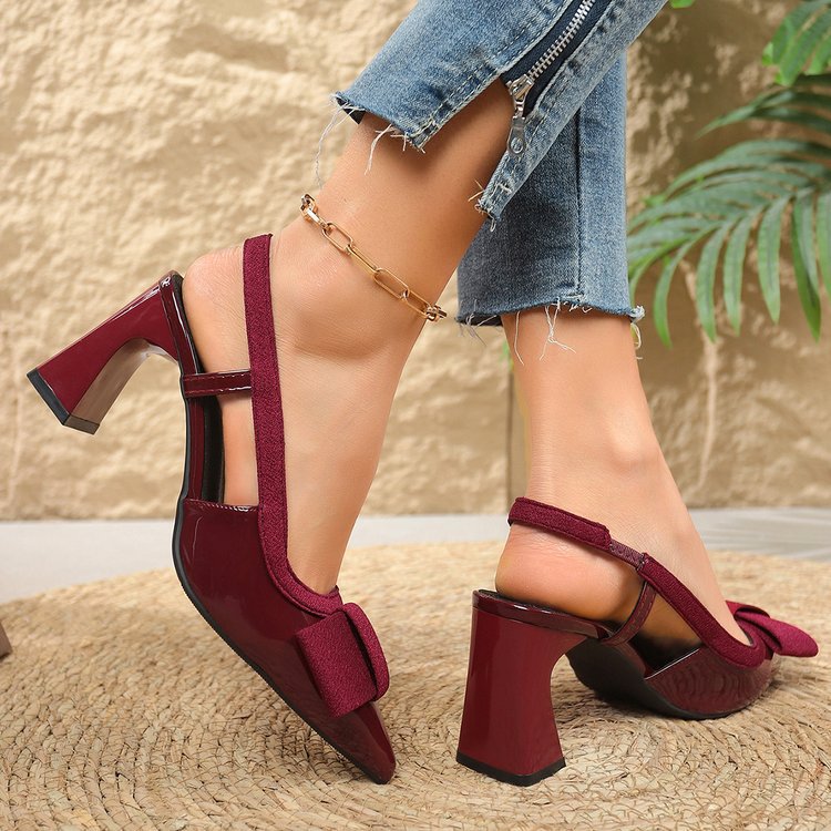 Women Pointed Toe Chunky Heel Bowknot Back Strap Closed Toe Summer Sandals