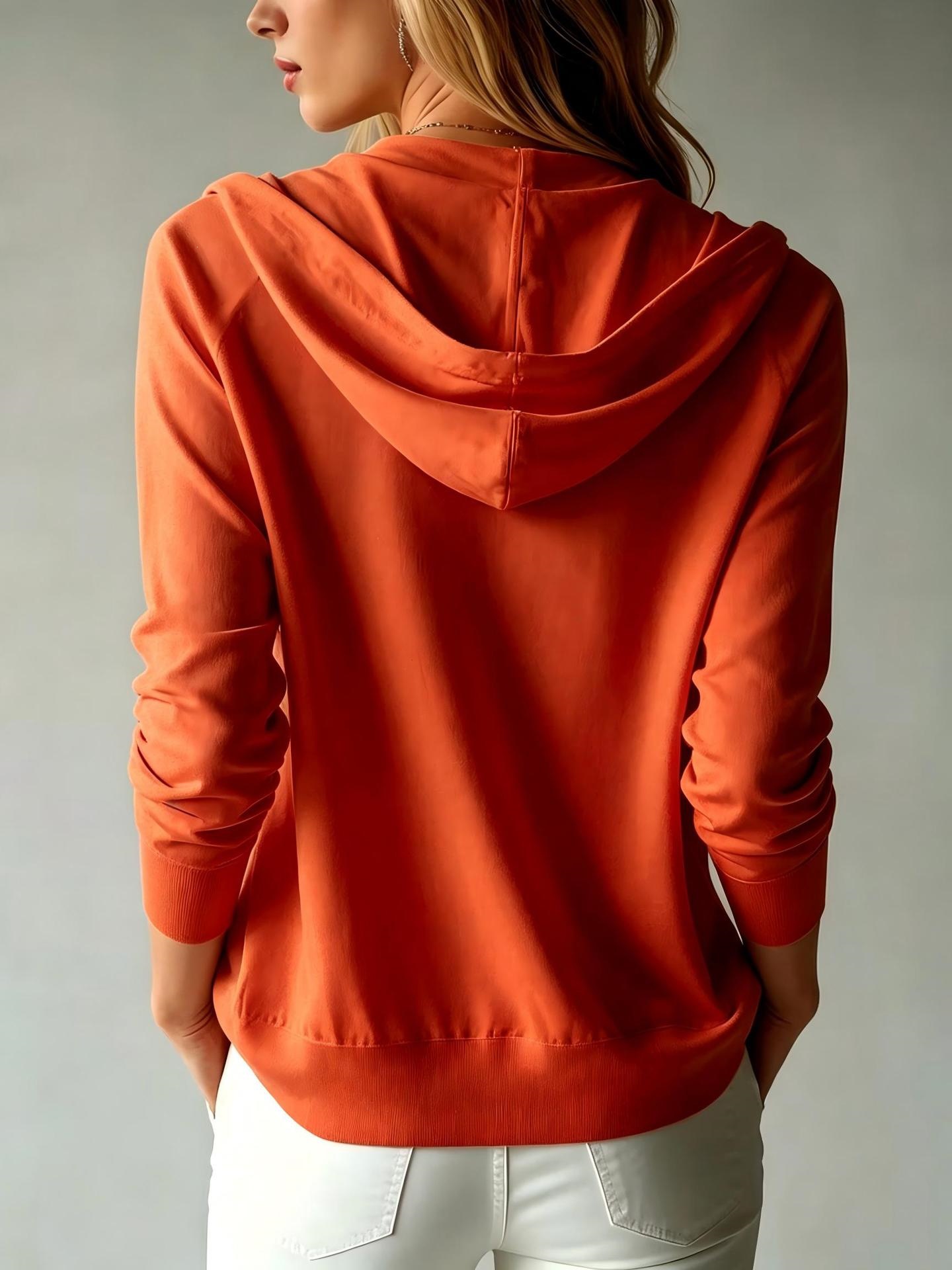 Women's Solid Color Hooded Zip-Up Cardigan Long Sleeve Loose Fit Sweatshirt