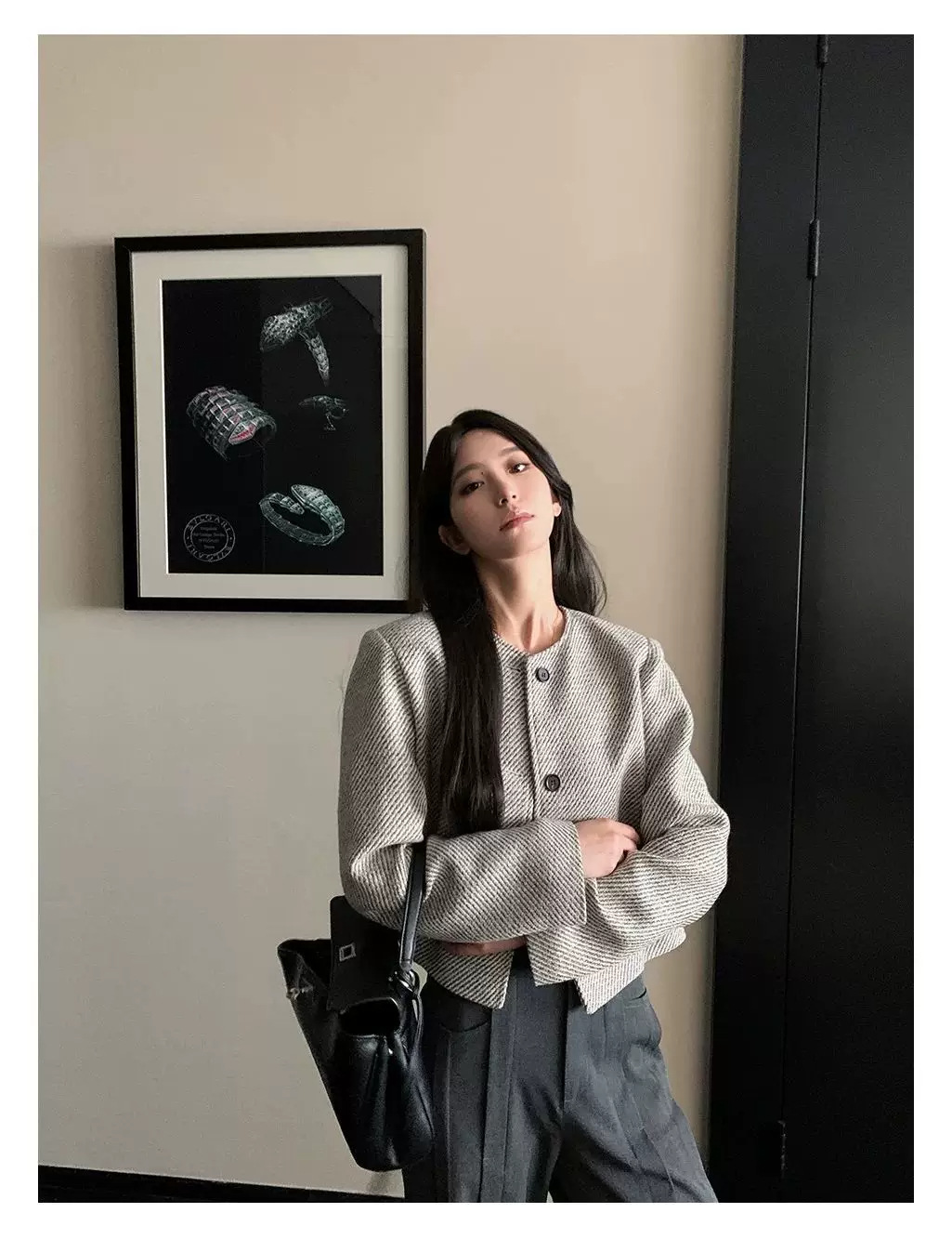 Women's Short Tweed Jacket Round Neck Long Sleeve Coat