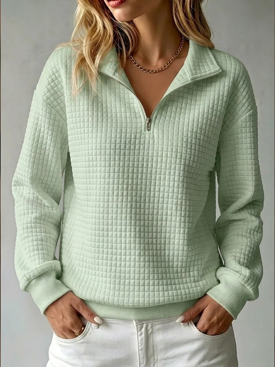 Women's Stand Collar Zip Long Sleeve Waffle Knit Patchwork Sweatshirt