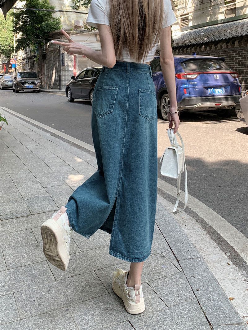 Women's high-waist denim maxi skirt size and color options, photo 16