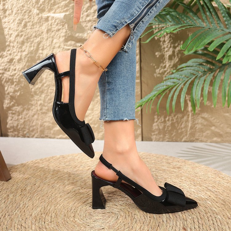 Women Pointed Toe Chunky Heel Bowknot Back Strap Closed Toe Summer Sandals