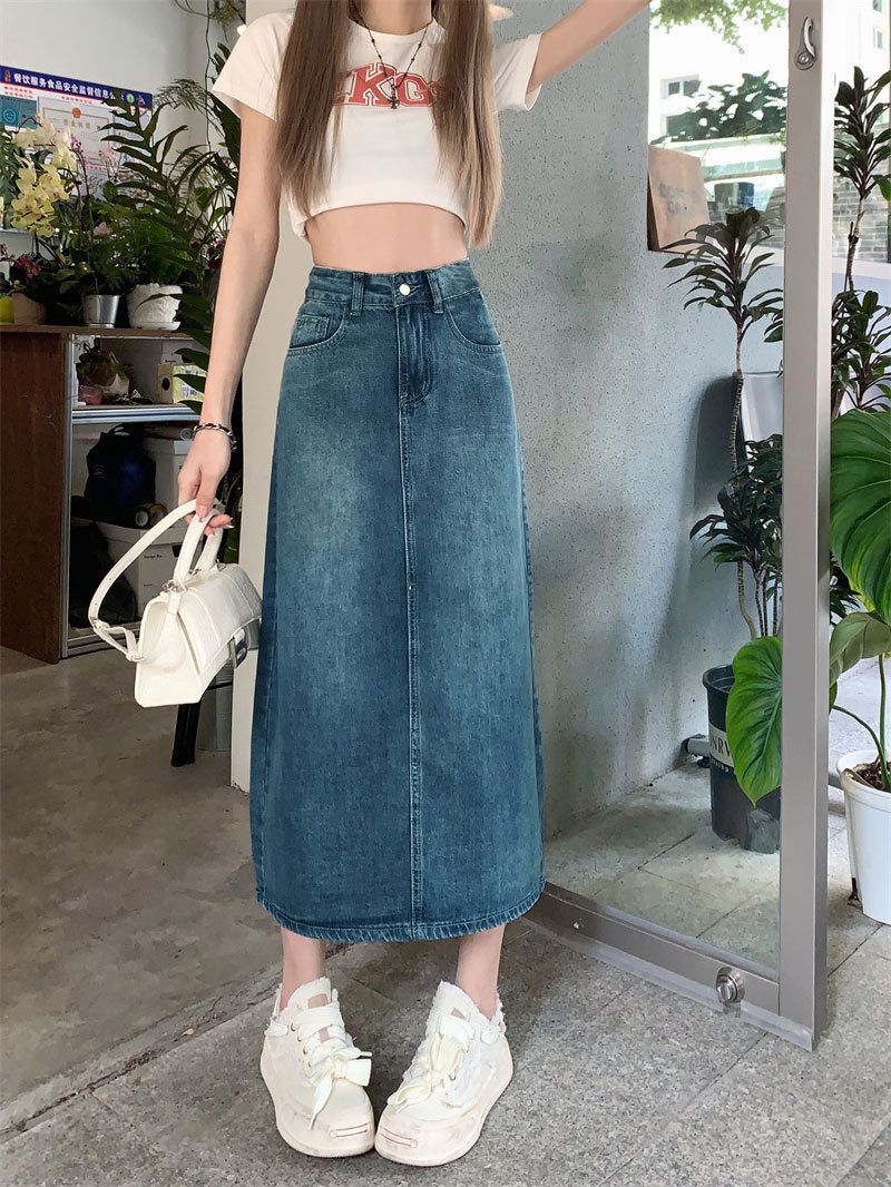 Long denim skirt women's vintage blue, photo 2