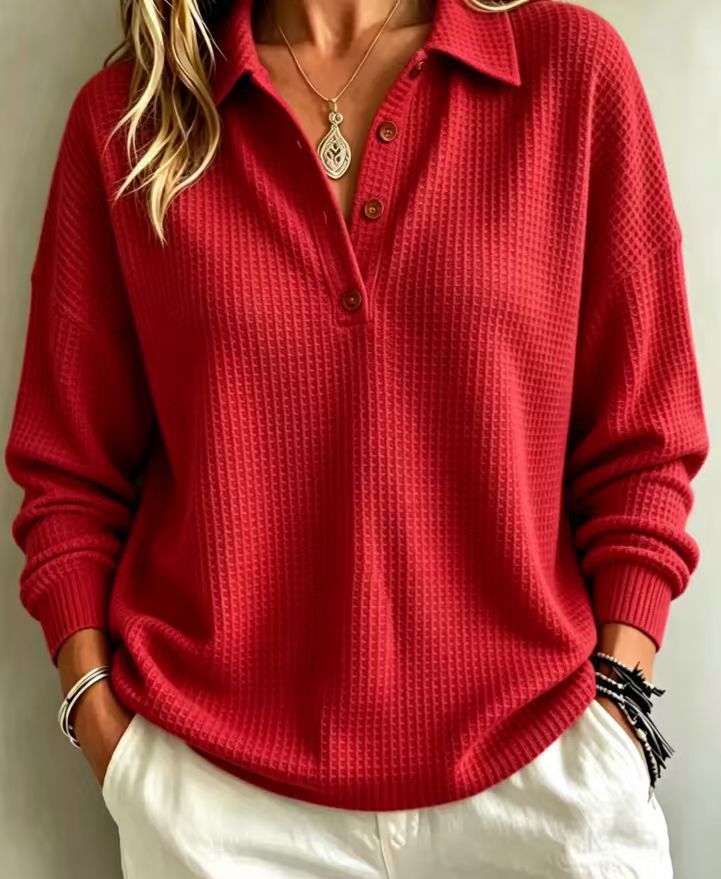 Women's Solid Color Long Sleeve Button-Down Knit Shirt