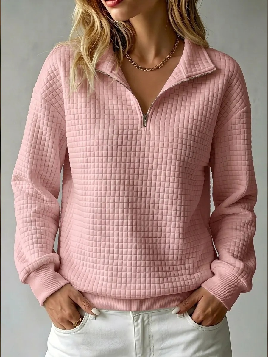 Women's Stand Collar Zip Long Sleeve Waffle Knit Patchwork Sweatshirt