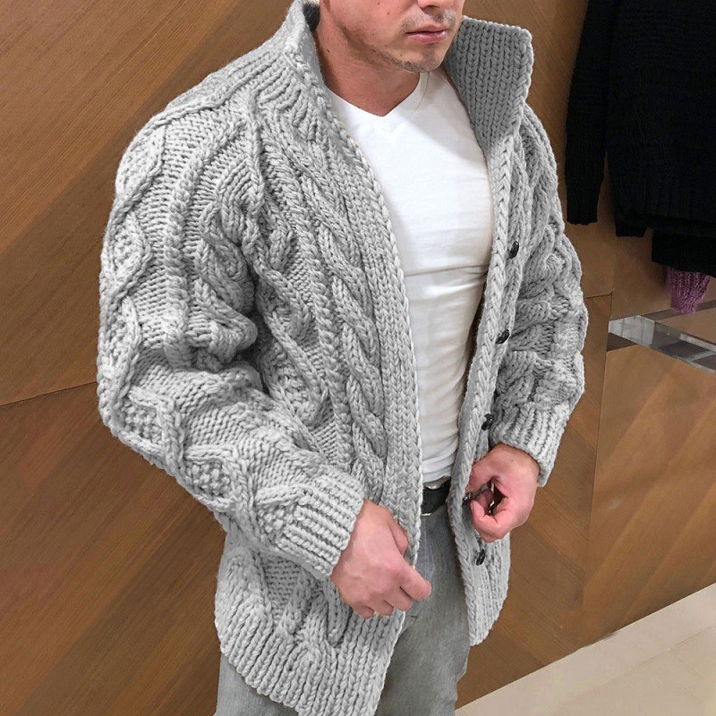 Men's Stand Collar Cable Knit Cardigan Long Sleeve Heavy-Duty Sweater