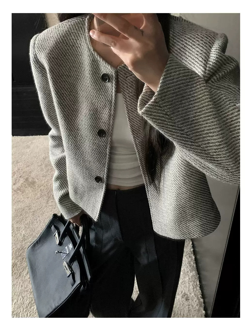 Women's Short Tweed Jacket Round Neck Long Sleeve Coat