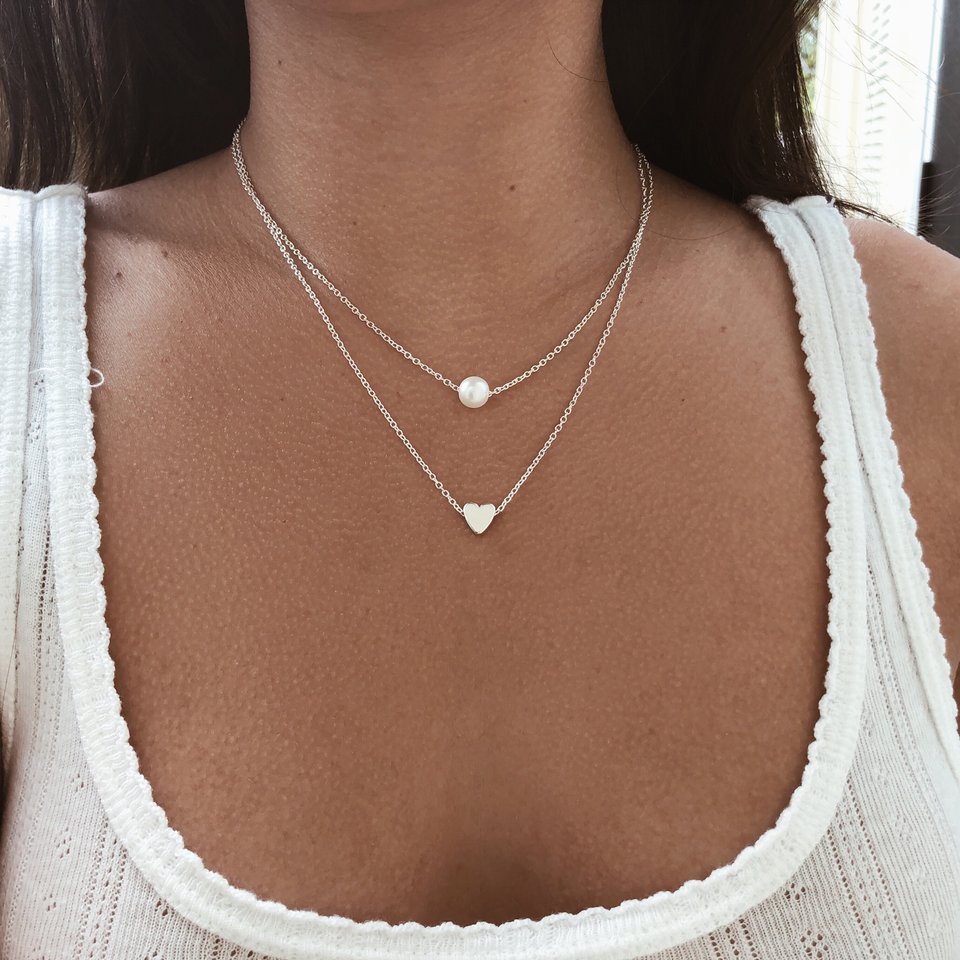 Double-Layer Heart Pendant Imitation Pearl Necklace