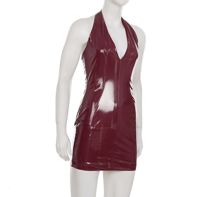 Women's Halterneck V-Neck Bodycon Dress with Glossy Leather-Like Finish