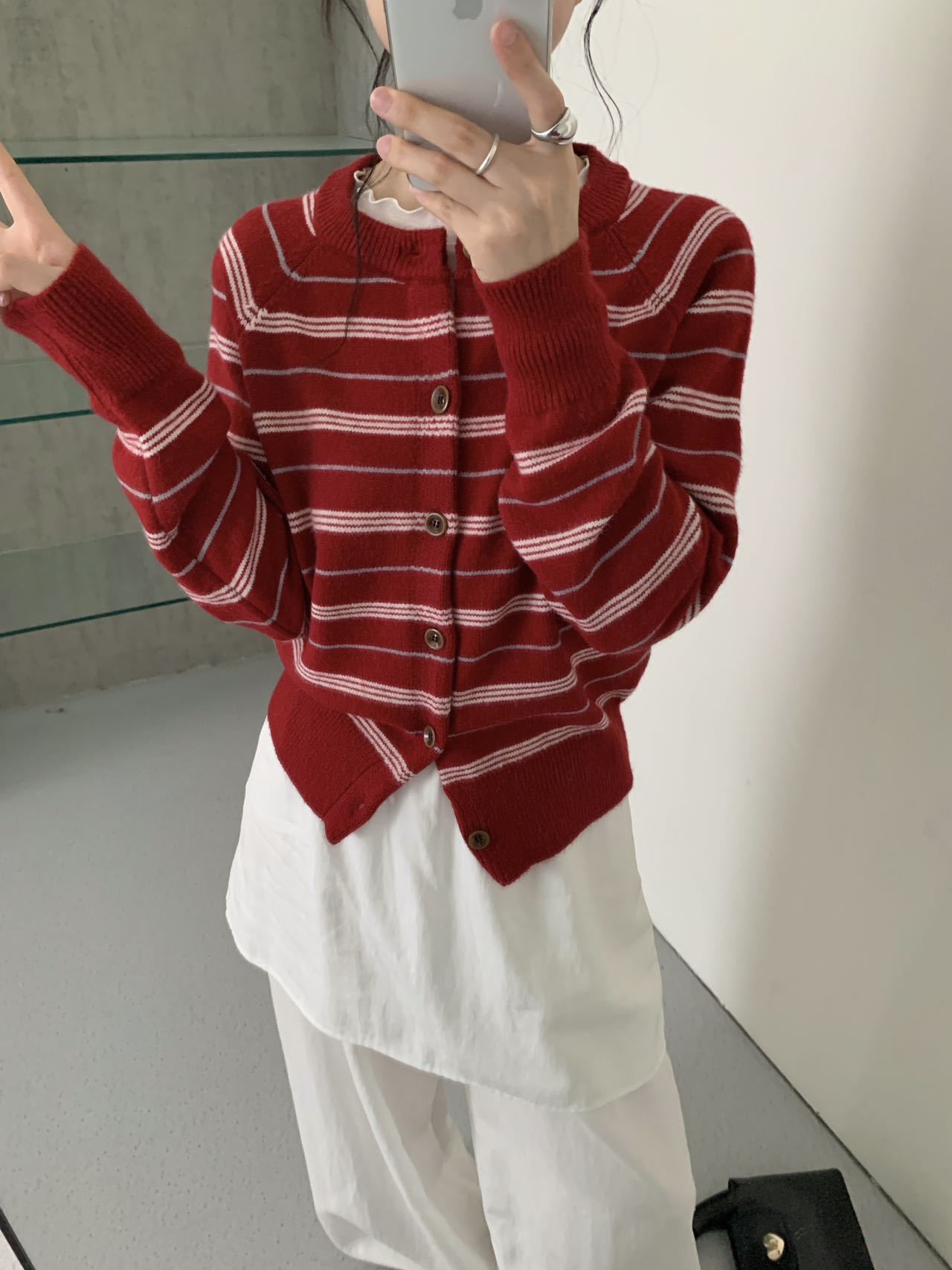 Women Retro Color Block Striped Knit Cardigan Round Neck Long Sleeve Slimming Sweater