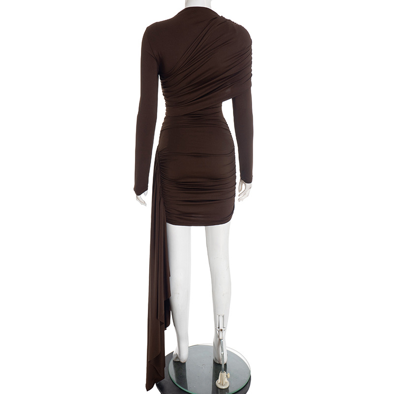 Women's Elegant Asymmetrical Ribbon Round Neck Slim Fit Long Sleeve Dress