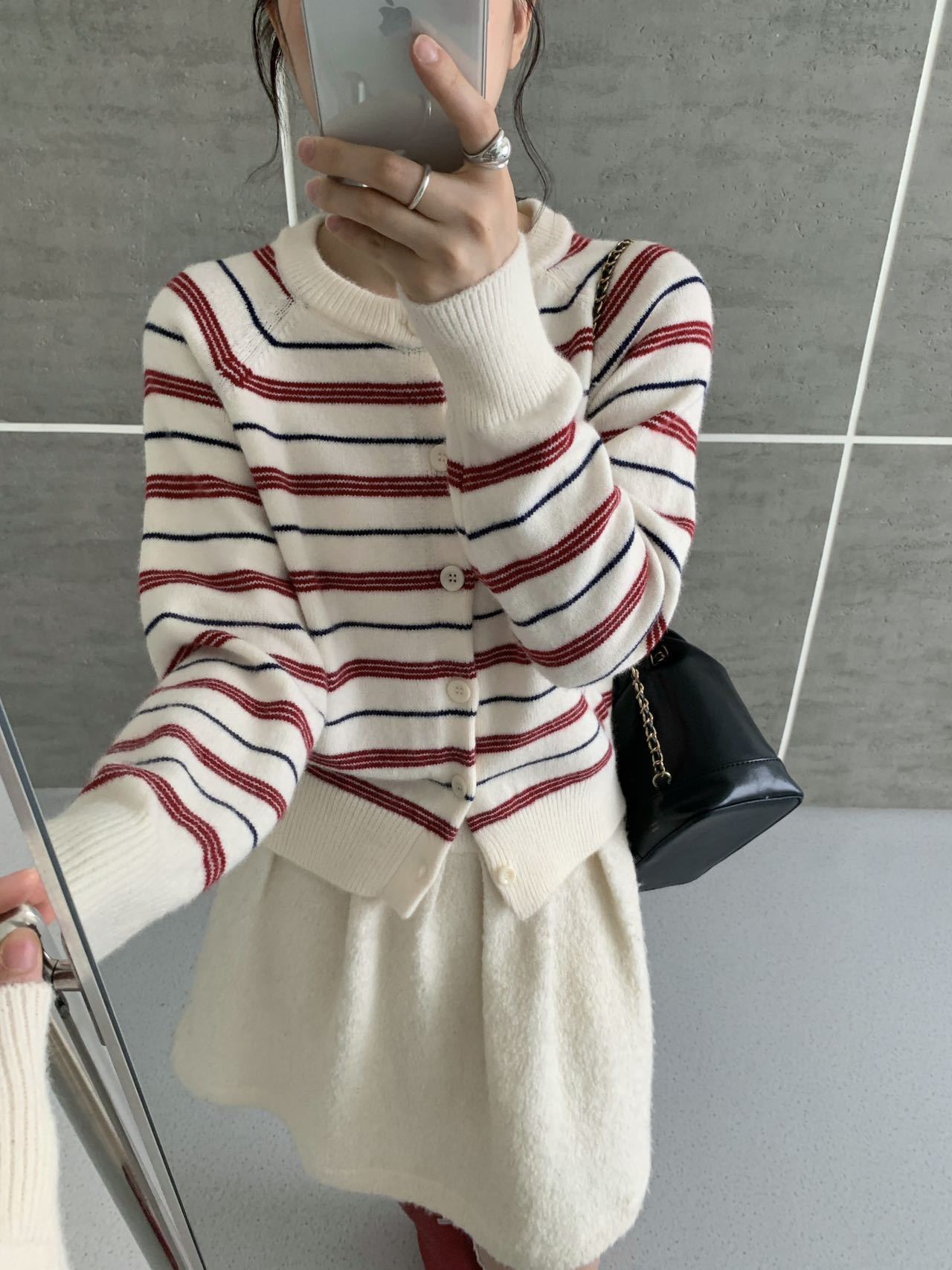Women Retro Color Block Striped Knit Cardigan Round Neck Long Sleeve Slimming Sweater