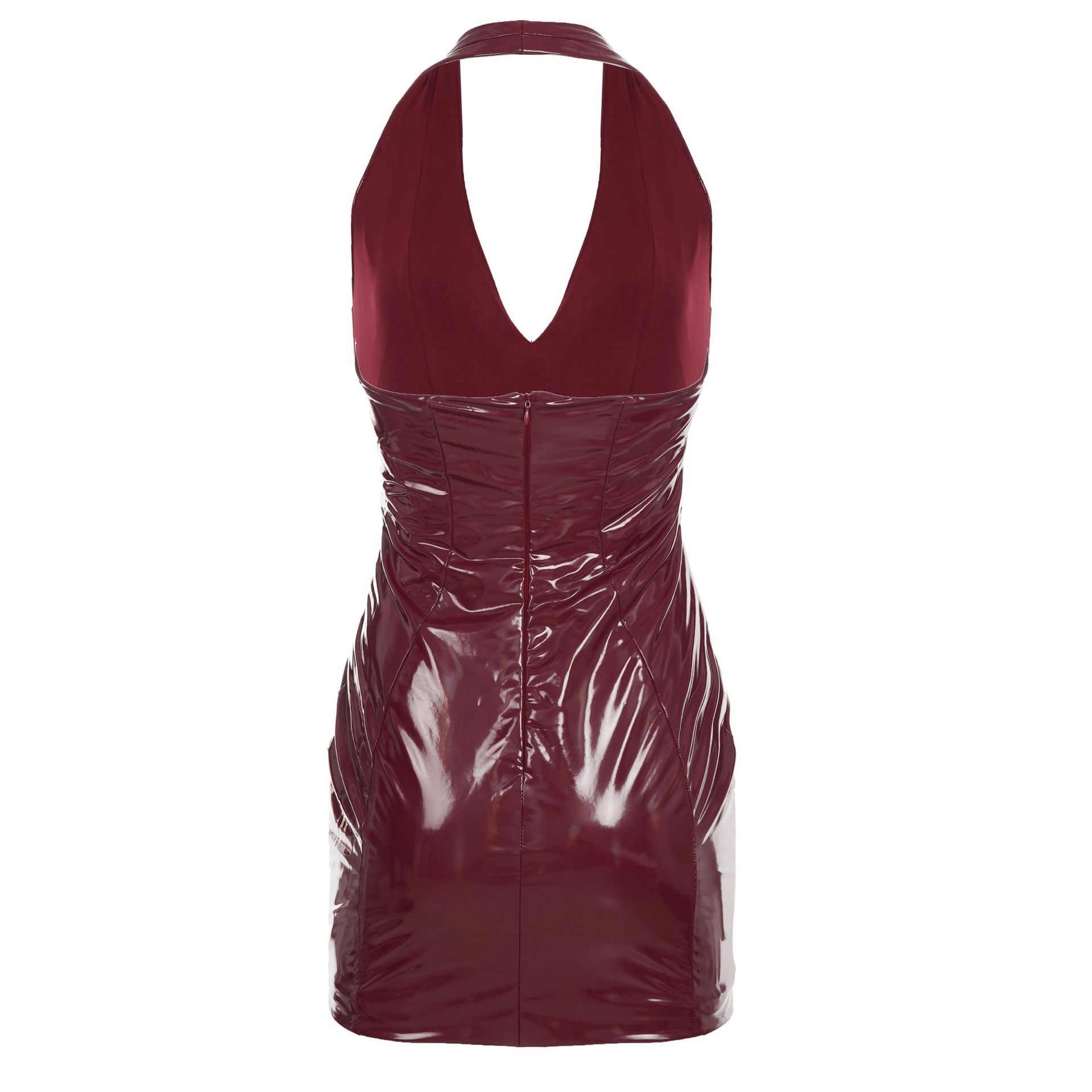 Women's Halterneck V-Neck Bodycon Dress with Glossy Leather-Like Finish