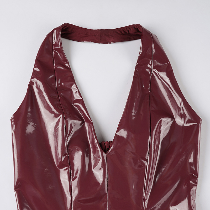 Women's Halterneck V-Neck Bodycon Dress with Glossy Leather-Like Finish
