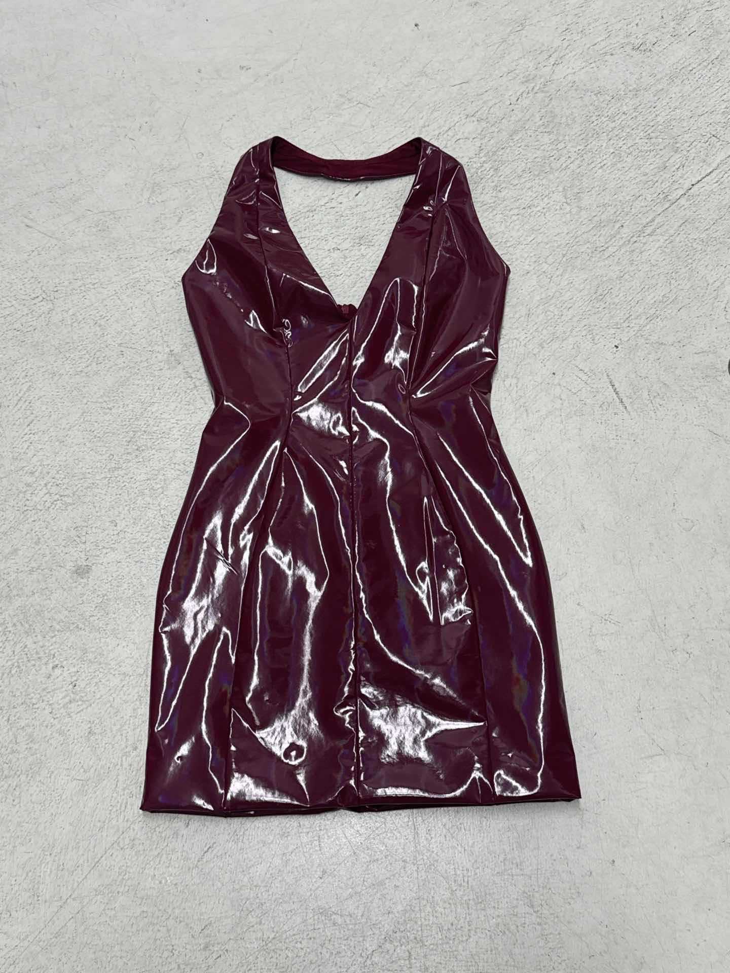 Women's Halterneck V-Neck Bodycon Dress with Glossy Leather-Like Finish