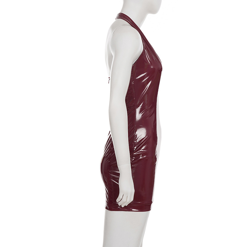 Women's Halterneck V-Neck Bodycon Dress with Glossy Leather-Like Finish