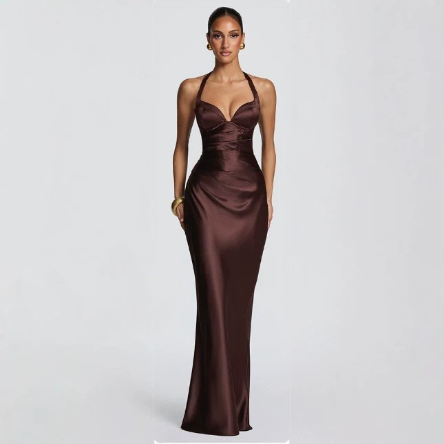 Fashion Elegant Satin Halter Neck Ribbon Backless Cross-Tie Floor-Length Fishtail Gown Dress