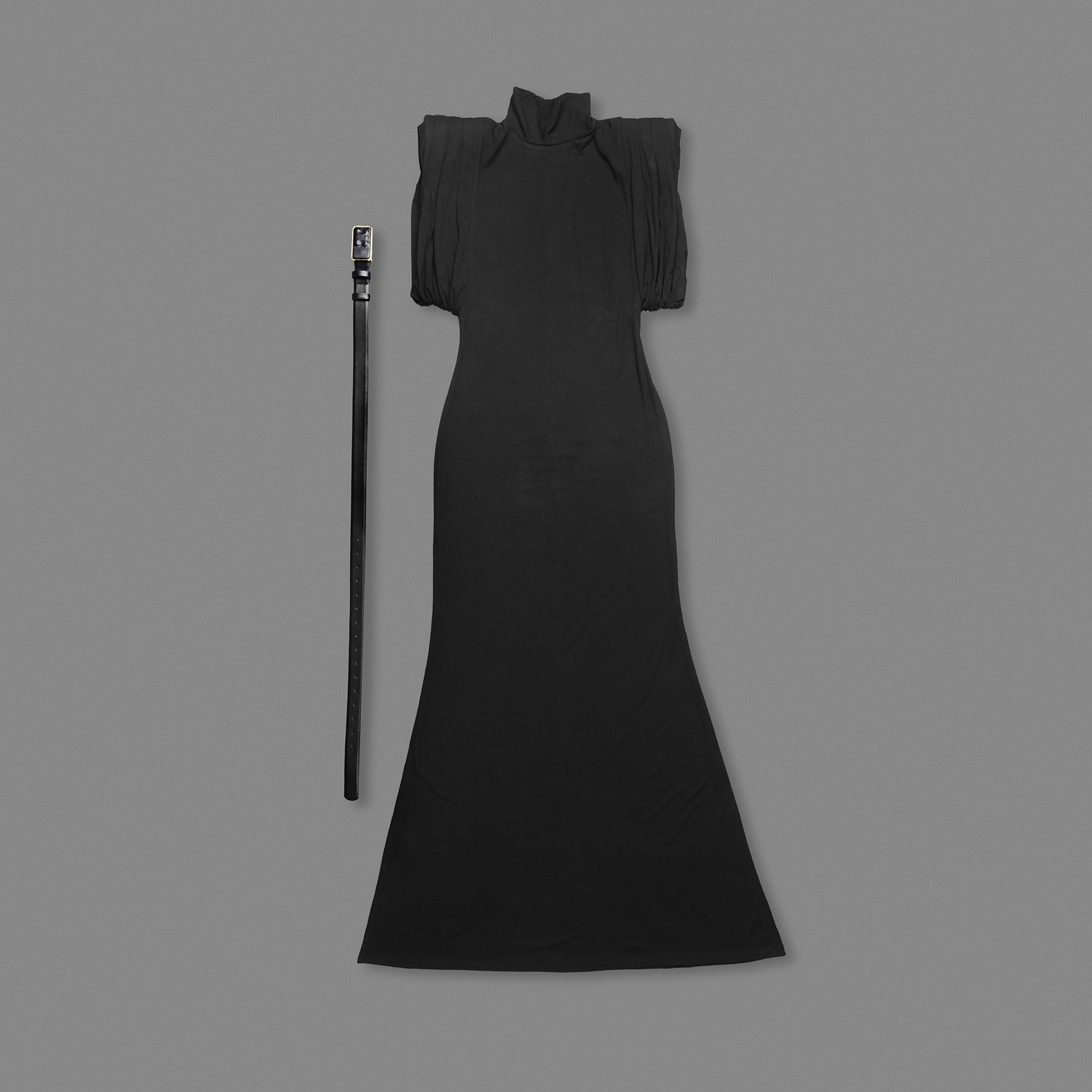 Women's Sleeveless High Neck Evening Party Long Dress with Belt