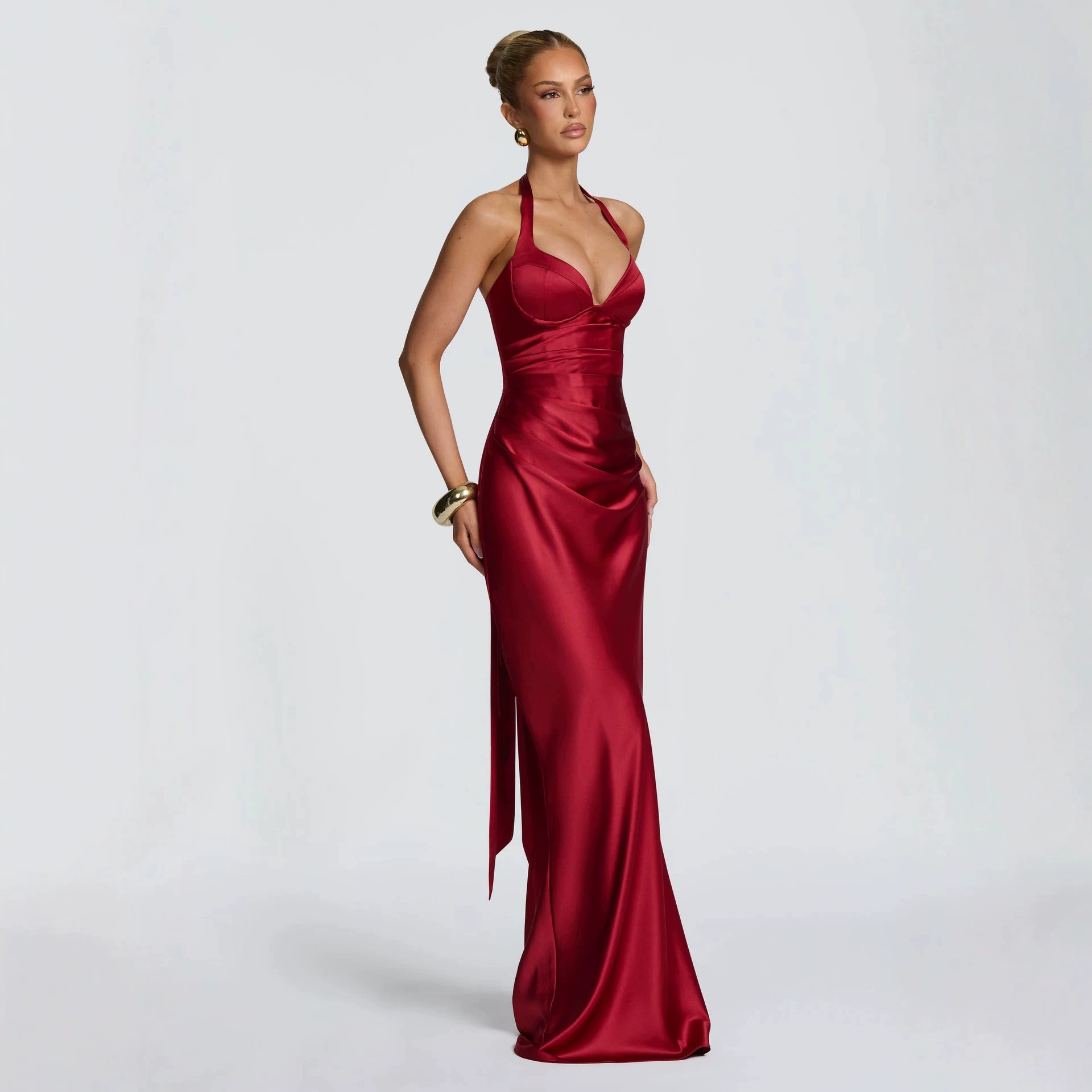 Fashion Elegant Satin Halter Neck Ribbon Backless Cross-Tie Floor-Length Fishtail Gown Dress