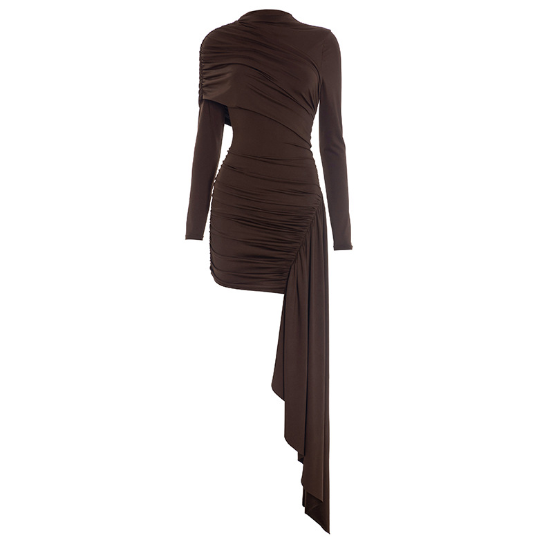 Women's Elegant Asymmetrical Ribbon Round Neck Slim Fit Long Sleeve Dress