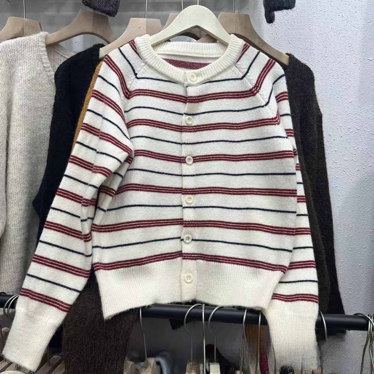 Women Retro Color Block Striped Knit Cardigan Round Neck Long Sleeve Slimming Sweater