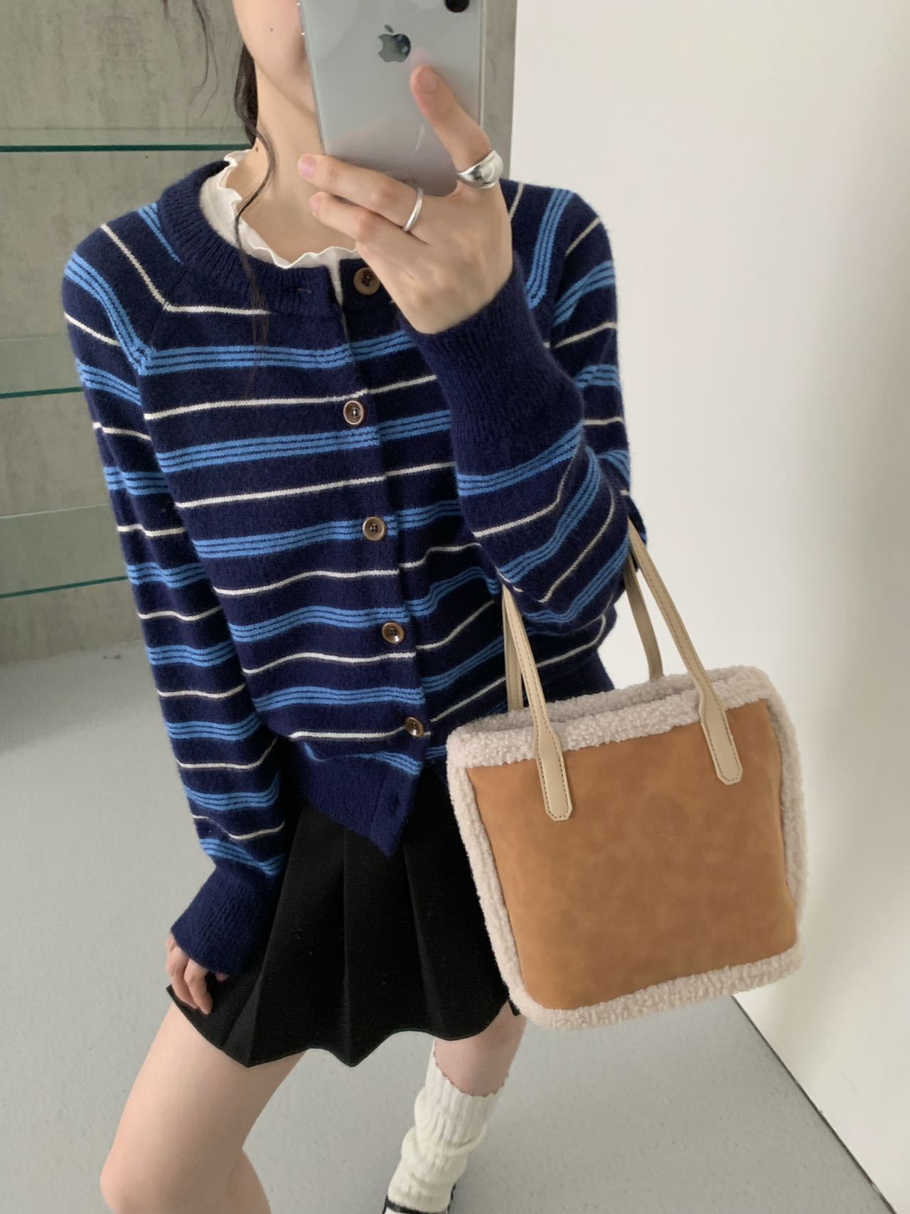 Women Retro Color Block Striped Knit Cardigan Round Neck Long Sleeve Slimming Sweater