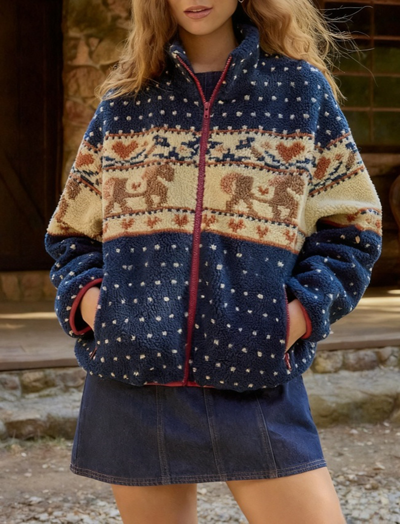 Women's Christmas Snowflake Moose Zipper Long-Sleeve Woolen Coat