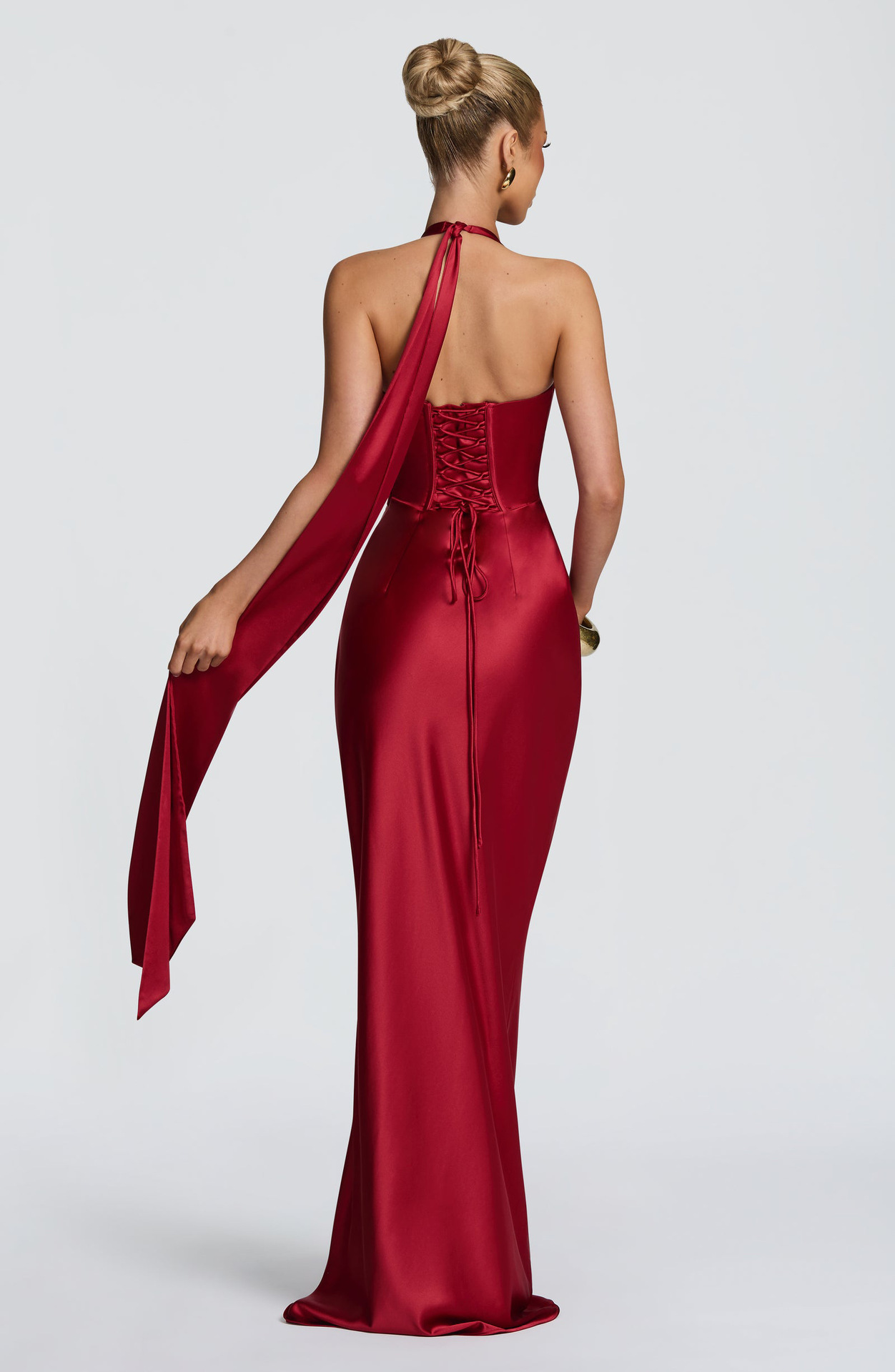 Fashion Elegant Satin Halter Neck Ribbon Backless Cross-Tie Floor-Length Fishtail Gown Dress