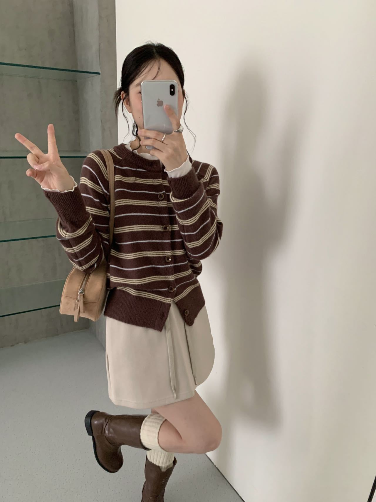Women Retro Color Block Striped Knit Cardigan Round Neck Long Sleeve Slimming Sweater