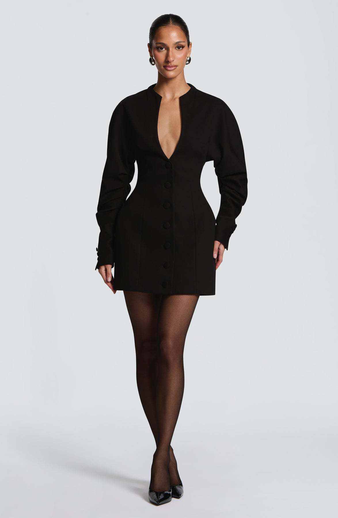 Women's Solid Mid-Length Slim Fit Boucle V-Neck Coat