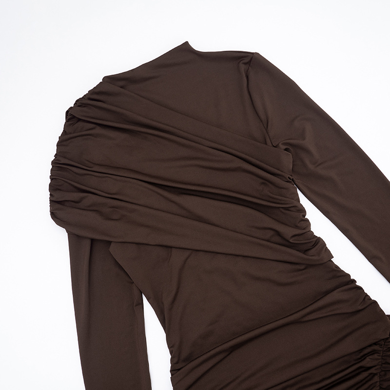 Women's Elegant Asymmetrical Ribbon Round Neck Slim Fit Long Sleeve Dress