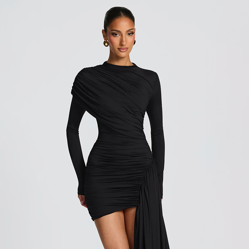 Women's Elegant Asymmetrical Ribbon Round Neck Slim Fit Long Sleeve Dress