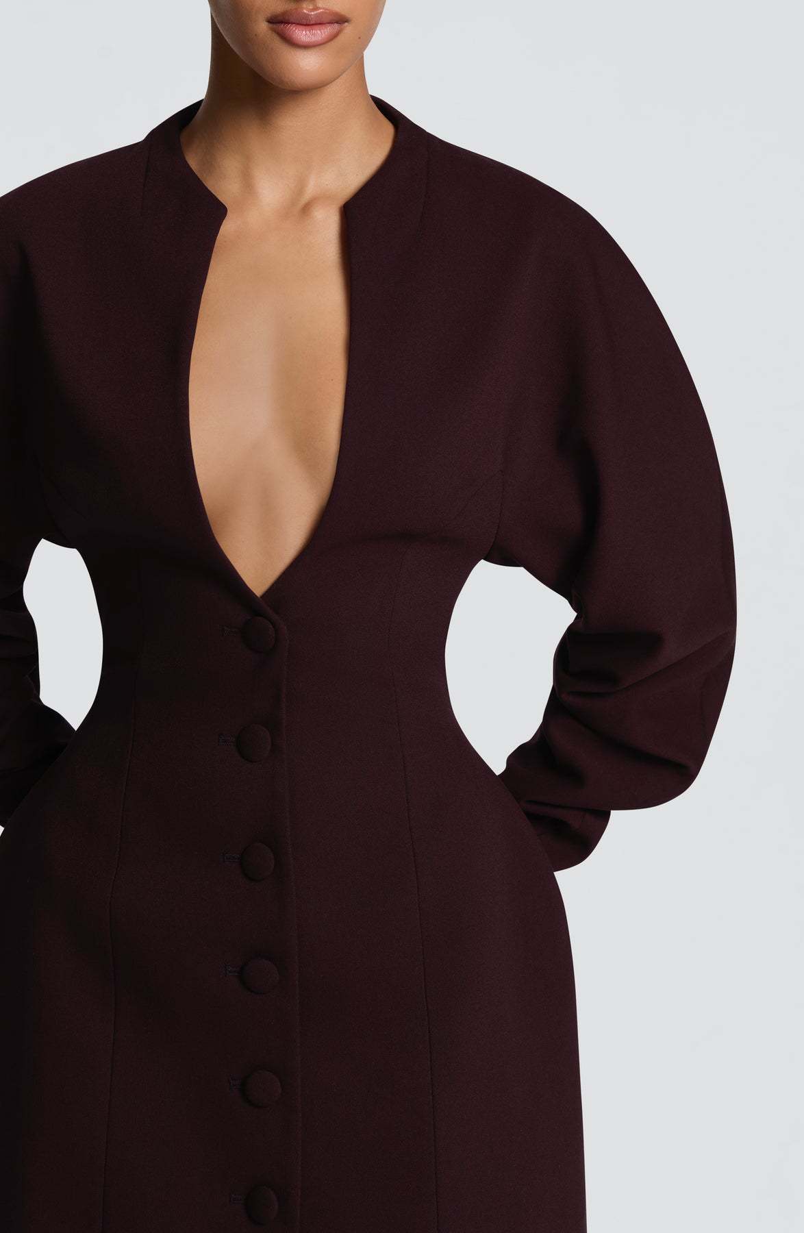 Women's Solid Mid-Length Slim Fit Boucle V-Neck Coat
