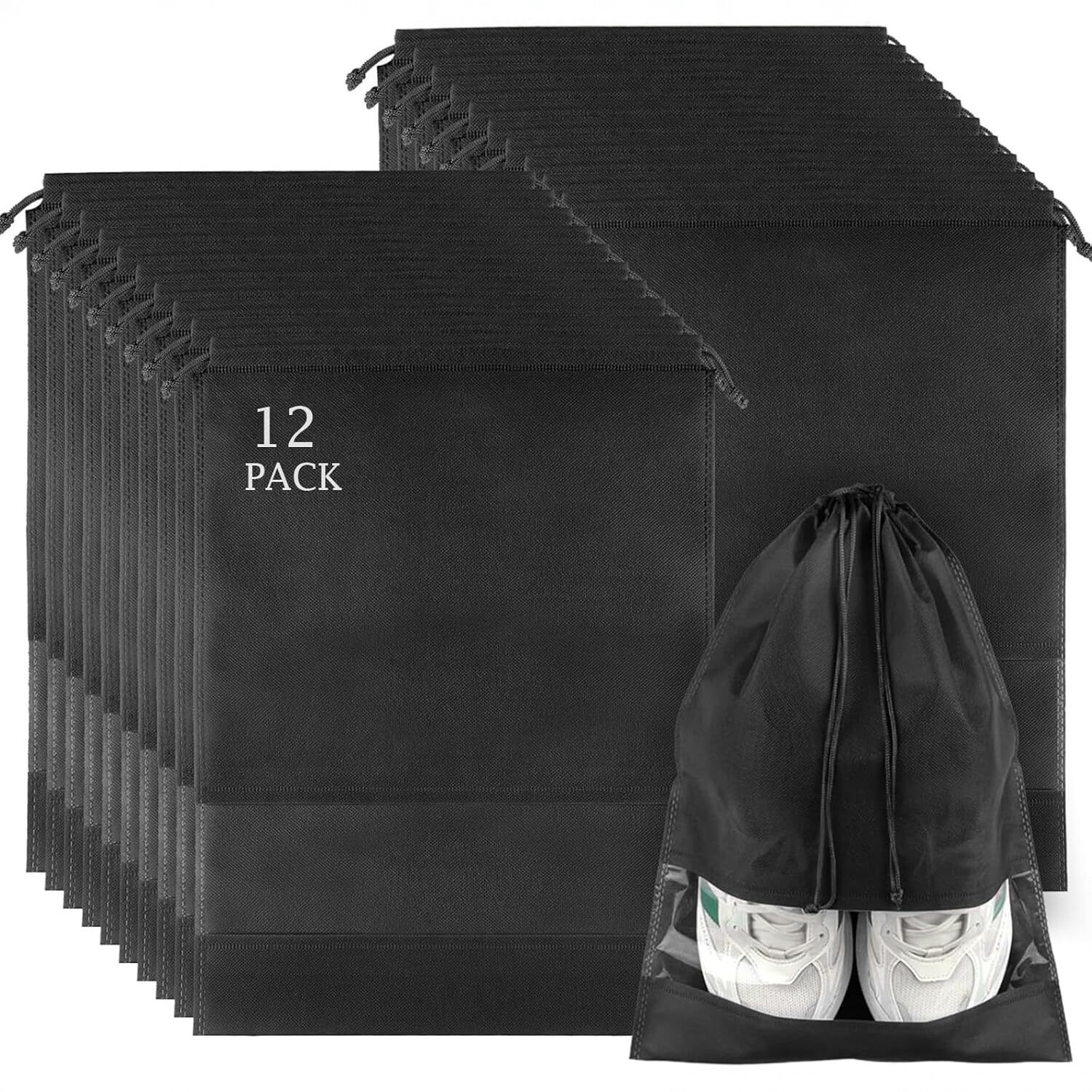 Foldable Non-Woven Drawstring Shoe Bag with Transparent Window, Dustproof Travel Storage Organizer